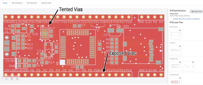 How tented vias and exposed vias look in the MacroFab PCB Platform