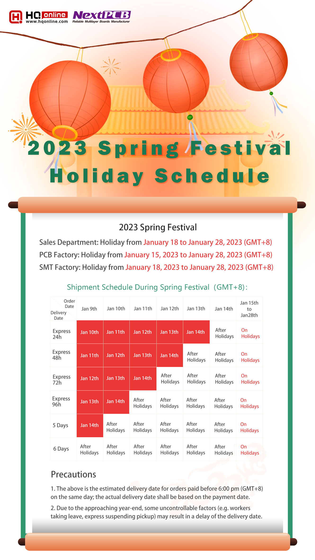 Holiday Schedule for Chinese Spring Festival 2023