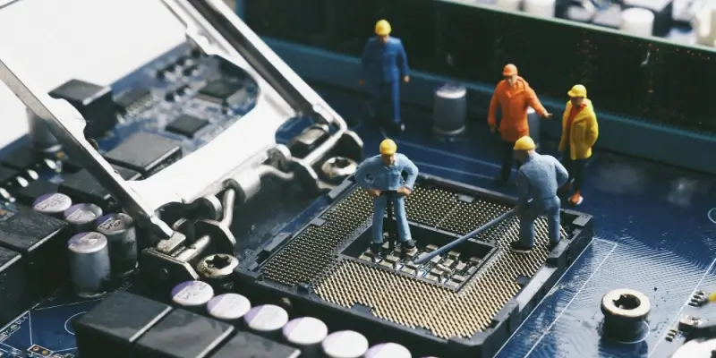 Miniature engineers showcasing precision pcb assembly services on a circuit board.