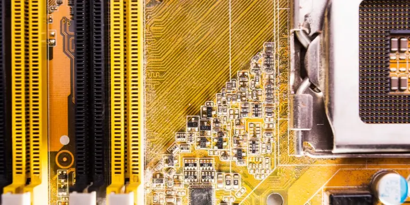 Detailed view of pcb assembly services with soldered electronic connectors and circuits.