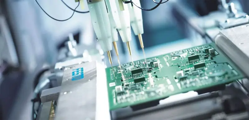 ICT - PCB assembly undergoing flying‑probe testing with movable test probes on multiple board points.