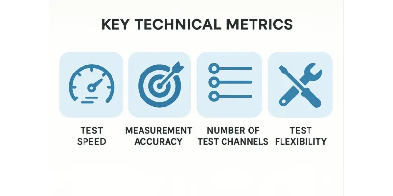 FCT key metrics infographic: test speed, measurement accuracy, test channels and test flexibility