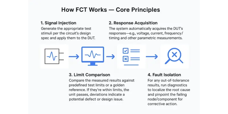 How FCT works diagram showing signal injection, response acquisition, limit comparison and fault isolation