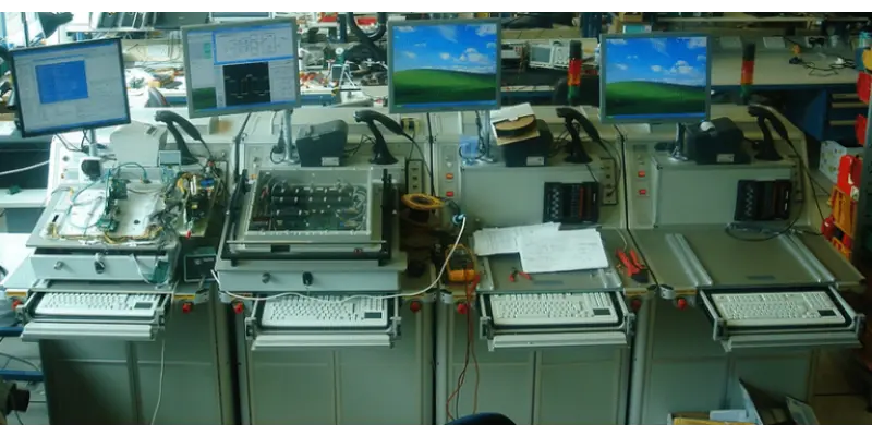 Functional Circuit Test (FCT) benches with fixtures validating PCB assembly performance under power