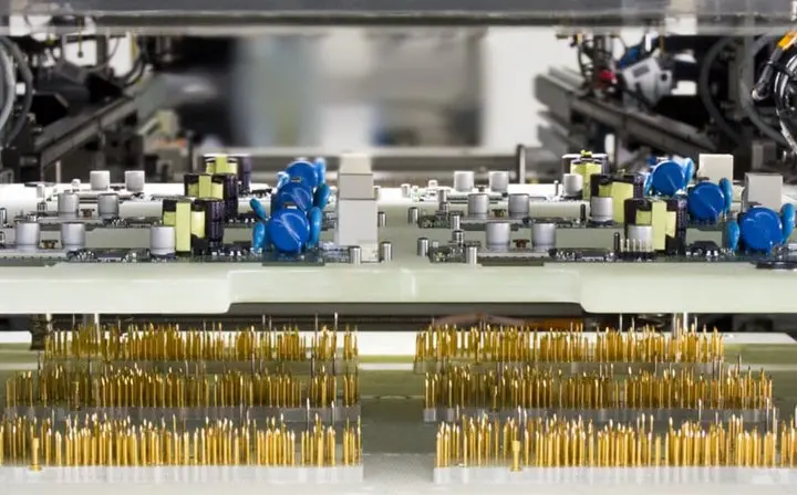 ICT vs FCT: bed-of-nails ICT fixture probing populated PCBA after SMT to catch opens/shorts and value errors.