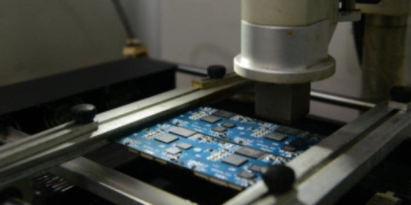 Pick-and-place head aligns and places SMD components onto solder-pasted pads on a blue PCB during SMT assembly.