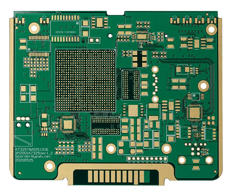Bare FR-4 PCB with BGA pad array, ENIG finish, and gold edge connector for high-pin-count chips.