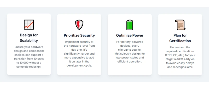 IoT design principles cards: scalability, security by design, low-power optimization, early certification planning (FCC/CE).