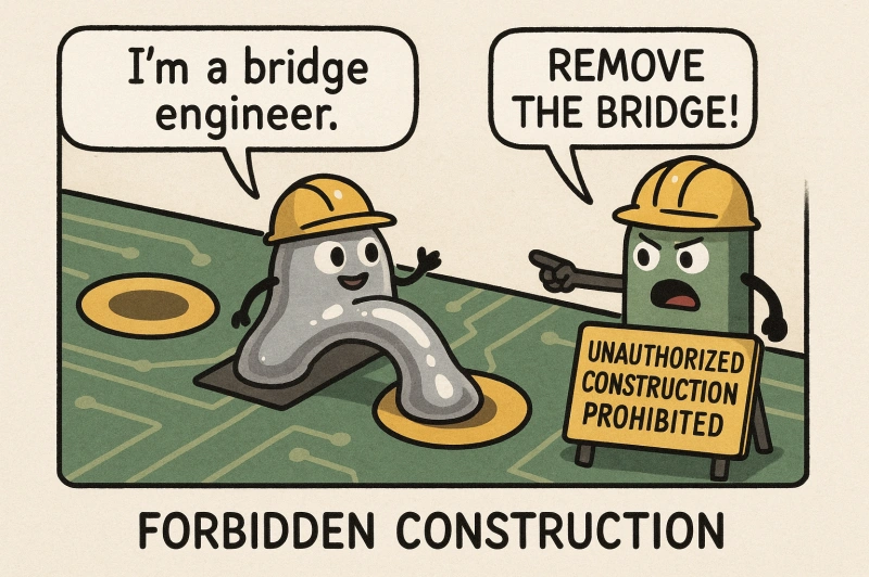 Funny PCB comic showing a “bridge engineer” on a circuit board representing solder bridge issues in PCB design.