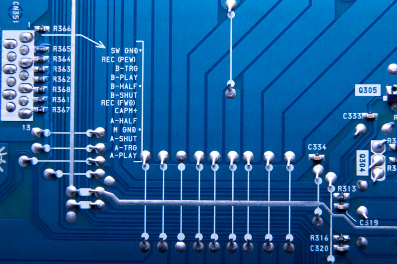 High-resolution close-up of PCB traces and soldered connections showing electronic circuit design and assembly details.