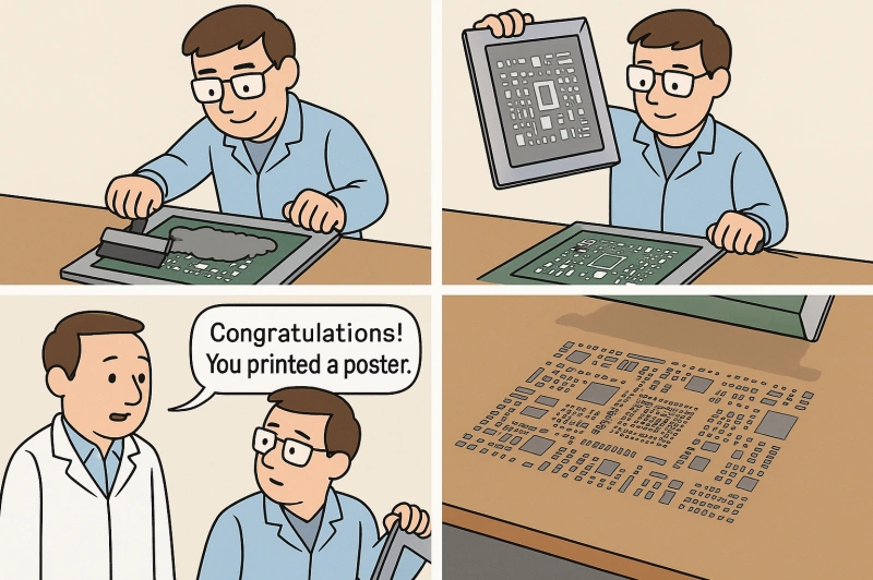 Humorous PCB assembly comic strip illustrating the solder paste printing process in electronics manufacturing.