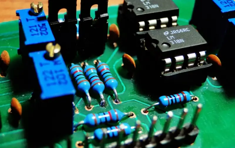 Analog PCB with resistors, trimmers, and ICs—assembly workmanship evaluated against ipc standards for soldering (IPC-J-STD-001).