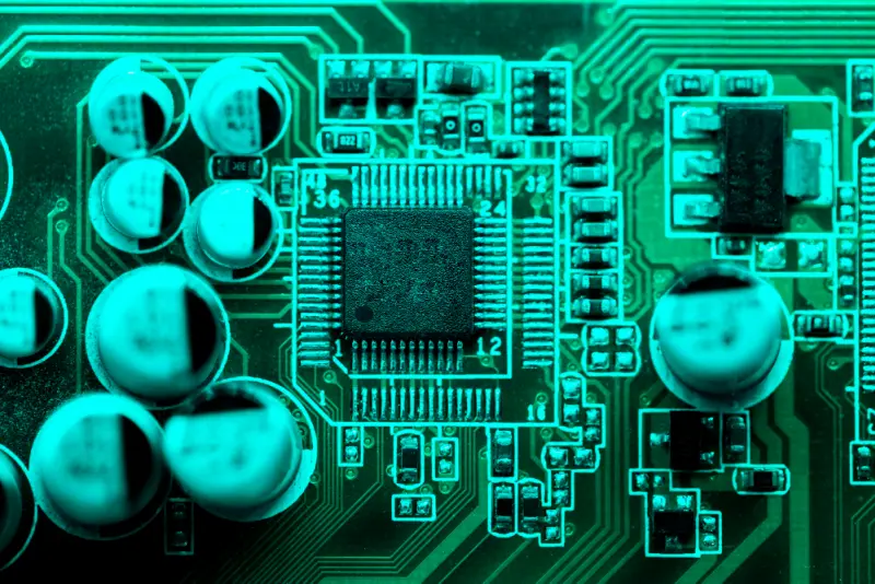 Teal circuit board with microcontroller and capacitors—layout optimization for pcb prototyping.