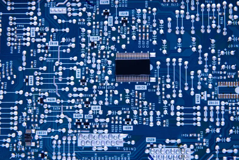 Blue multilayer motherboard dense with vias—HDI design used in pcb prototyping.