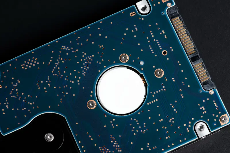 Close-up of a hard drive PCB prototype, showcasing the complex layout and components essential for testing storage devices during the prototyping stage.