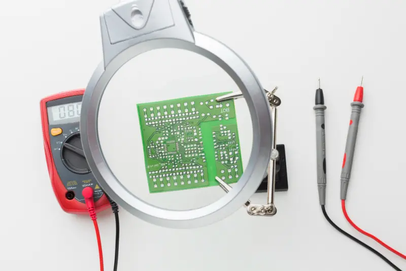 Detailed view of a PCB prototype on a workbench with magnifying glass and test probes, emphasizing the testing and debugging phase in PCB prototyping.