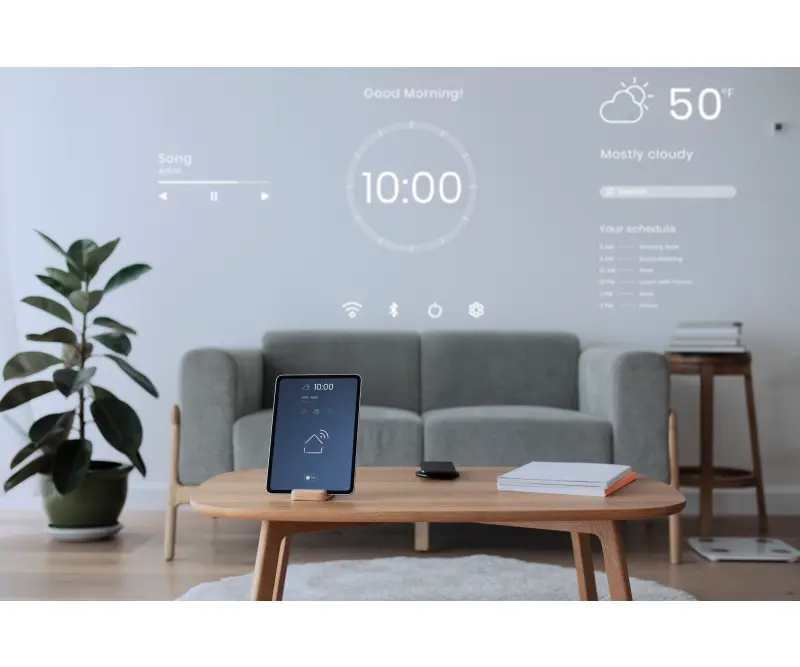 Living room smart home dashboard—IoT devices networked through PCB-based controllers for automation