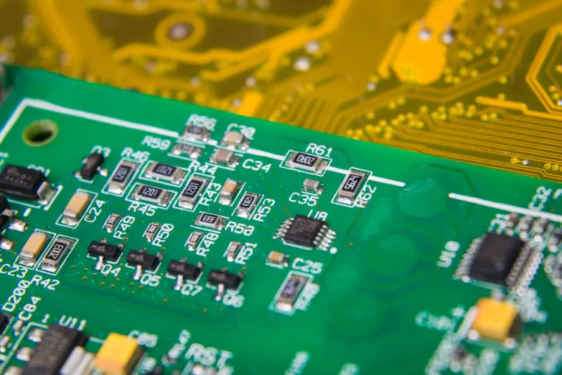SMT components with clear silkscreen reference designators on a green board—DFA-oriented placement in PCB assembly design.