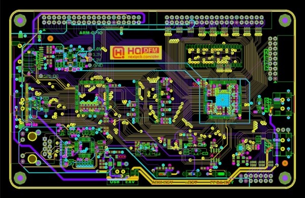 Detailed PCB layout design showing electrical connections and components, including a microcontroller, capacitors, and resistors.