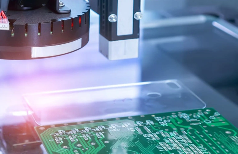 Inspection of printed circuit board (PCB) using a high-tech automated machine for surface mounting and assembly verification.