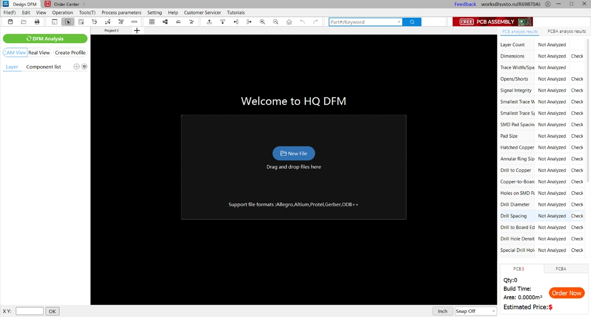 Welcome screen of HQ DFM with a button for uploading files, featuring a clean layout for PCB design and analysis with a DFM checklist for design verification.