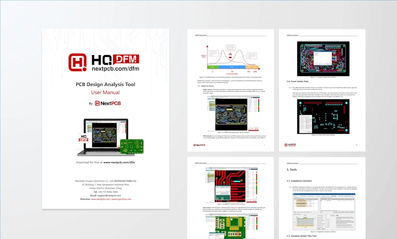 User manual for HQ DFM software, detailing steps to optimize PCB design using a comprehensive DFM checklist to ensure high-quality manufacturing.