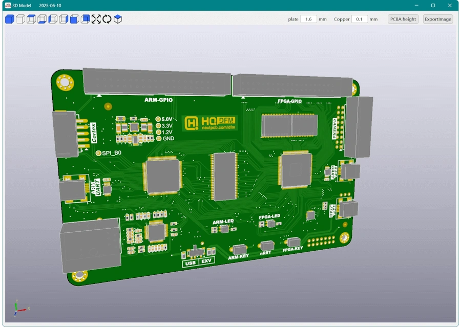 3D model of a PCB design in HQ DFM with highlighted areas for DFM checklist review, ensuring correct component placement and trace routing.