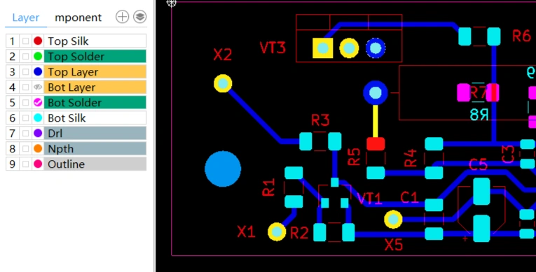 Layer management in PCB design software with DFM checklist markers, demonstrating the importance of checking each layer to avoid manufacturing defects.