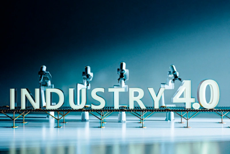 Industry 4.0 robotics concept—smart manufacturing and AI quality control for automated SMT production lines.
