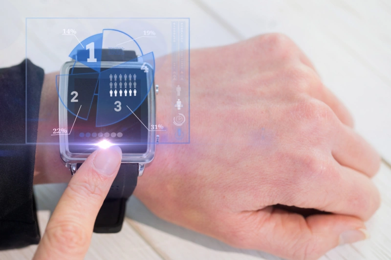 Smartwatch UI close-up with touch input—wearable electronics components for display, touch controller, and haptics