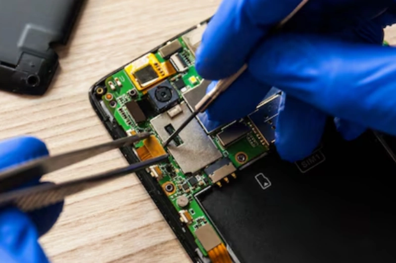 Smartphone PCB under tweezers—fine-pitch rework skills applicable to wearable electronics components