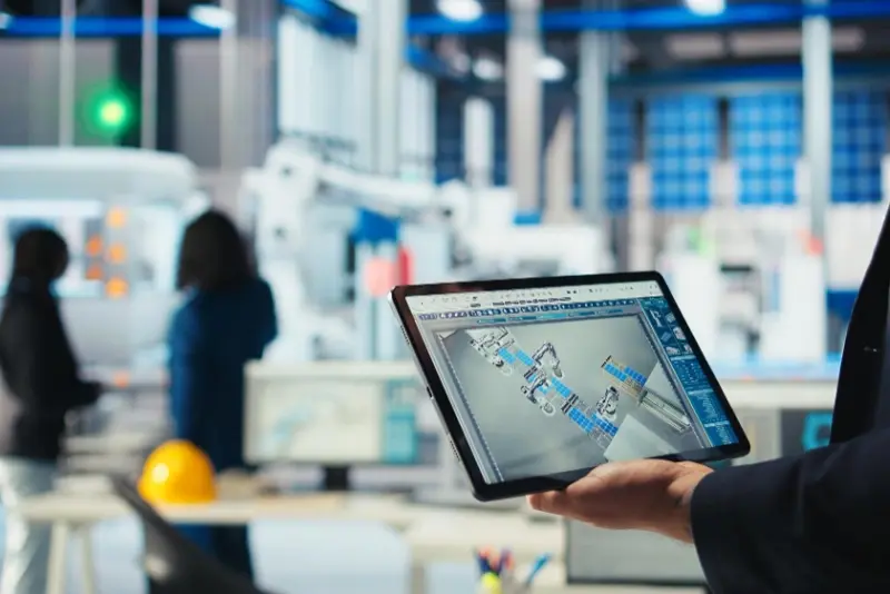 Industrial Internet of Things engineer viewing factory layout and robotic workflow on a tablet for real-time monitoring.