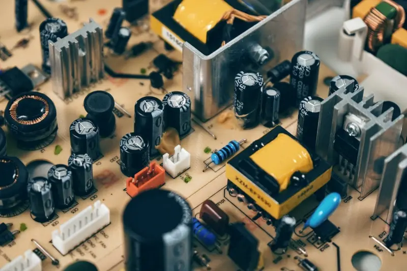 Power-supply PCB close-up with transformers, capacitors and connectors — pcba prototyping assembly inspection.