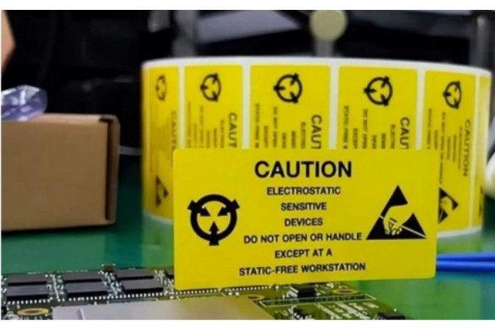 ESD caution label beside PCB—proper handling during depanelization with pcb mouse bites to prevent damage