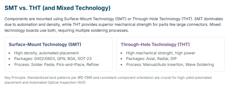 SMT vs. THT on PCBAs—automated high-density placement versus high-strength through-hole for power and connectors.