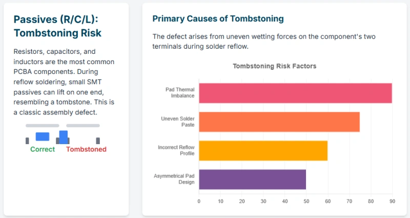 Tombstoning causes on PCBAs—pad thermal imbalance, uneven paste, reflow profile, and asymmetrical pad design.