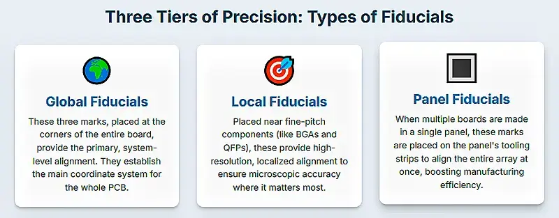 To meet the requirements of different assembly stages and precision levels, fiducial marks are classified into distinct levels: Panel Fiducials, Global Fiducials, and Local Fiducials.