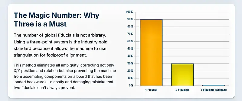 The number of global fiducials is not arbitrary. Using a three-point system is the industry gold standard because it allows the machine to use triangulation for foolproof alignment.
