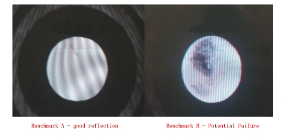 Fiducial copper finish reflectivity—good uniform reflection vs contaminated surface causing vision failure
