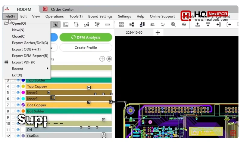 HQDFM DFM analysis—export ODB++, IPC-2581, Gerber, and PnP from one interface