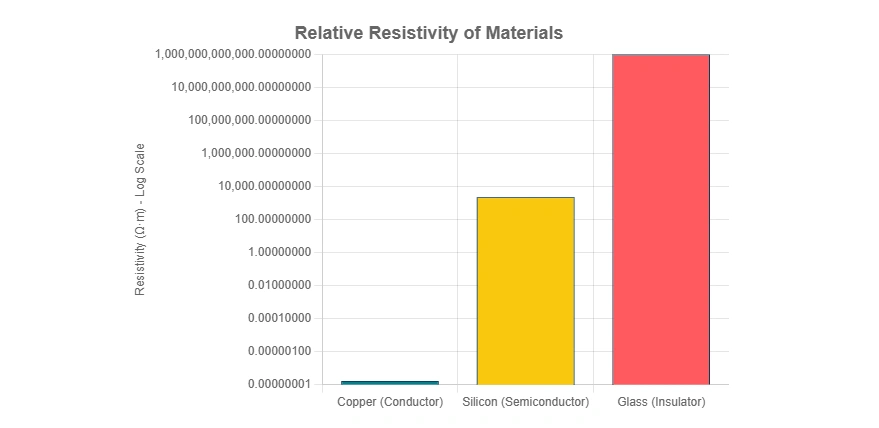 Bar chart comparing the relative resistivity of copper, silicon, and glass, representing conductor, semiconductor, and insulator materials.