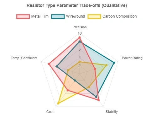 Radar chart comparing metal film, wirewound, and carbon composition resistors based on precision, stability, cost, and power rating.