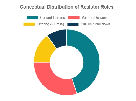 Donut chart showing conceptual distribution of resistor functions, including current limiting, voltage division, filtering, and pull-up networks.