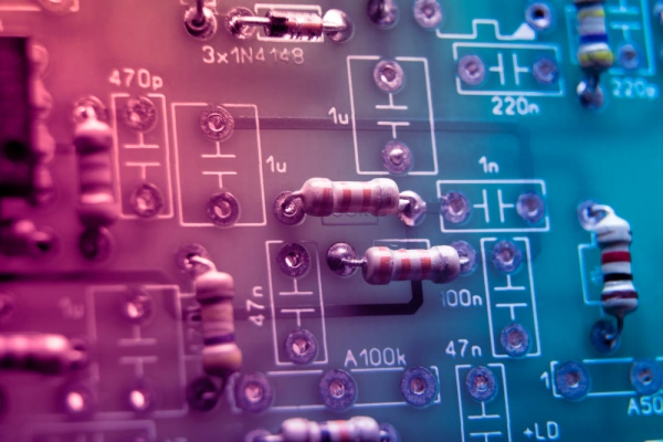 Close-up view of metal oxide film resistors mounted on a printed circuit board, showing color bands indicating resistance values under purple-blue lighting, used in electronic circuits for voltage and current control.