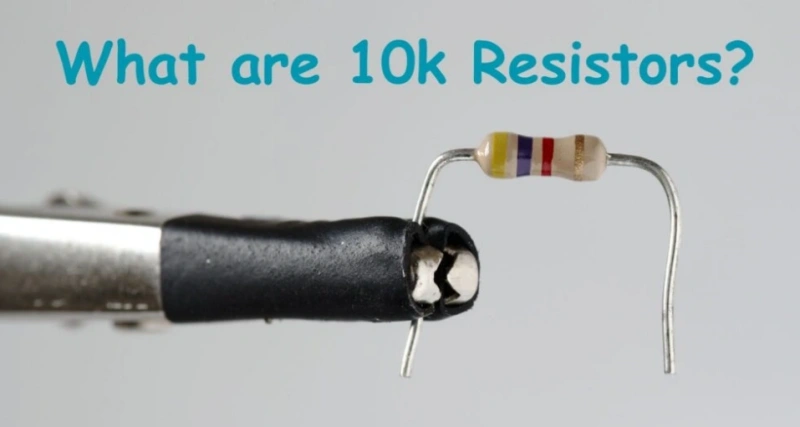 10k resistor with brown black orange gold color bands held by tweezer demonstrating resistor identification in electronics.