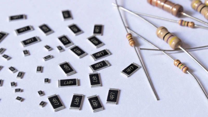 Assorted 10k SMD resistors and through-hole resistors showing surface-mount and axial lead types used in electronic circuits.