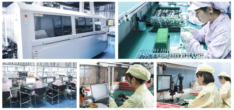 Images of an electronics manufacturing facility, including automated machines and workers assembling PCB units in a clean, controlled environment.