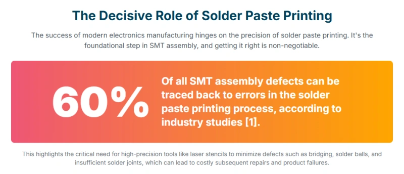 The critical role of solder paste printing in SMT assembly. 60% of assembly defects are traced to errors in the printing process, highlighting the need for high-precision tools like laser stencils to reduce defects.