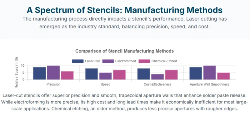 Comparison of stencil manufacturing methods: Laser-cut, electroformed, and chemical-etched stencils in terms of precision, speed, cost-effectiveness, and aperture wall smoothness.