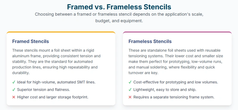 Comparison between framed and frameless SMT stencils, outlining their use cases, cost-effectiveness, tension stability, and suitability for high-volume or prototyping applications.
